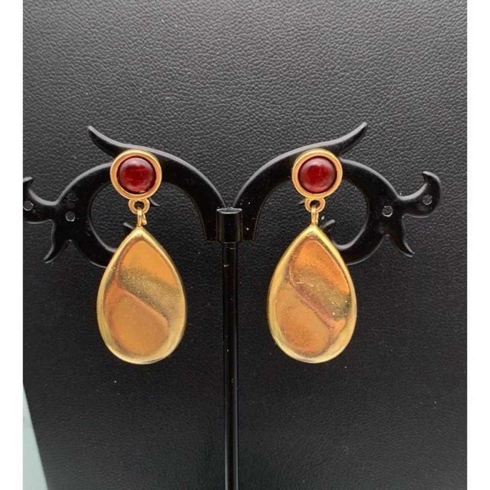 Liz Claiborne Gold-Tone Teardrop Earrings with Red Cabochon Studs